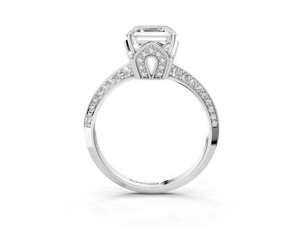 Platinum Asscher Cut Graduated Pave Engagement Ring Setting