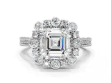 Platinum Asscher Halo Milgrain Pave Diamond Ring with Four-Prong Setting 2