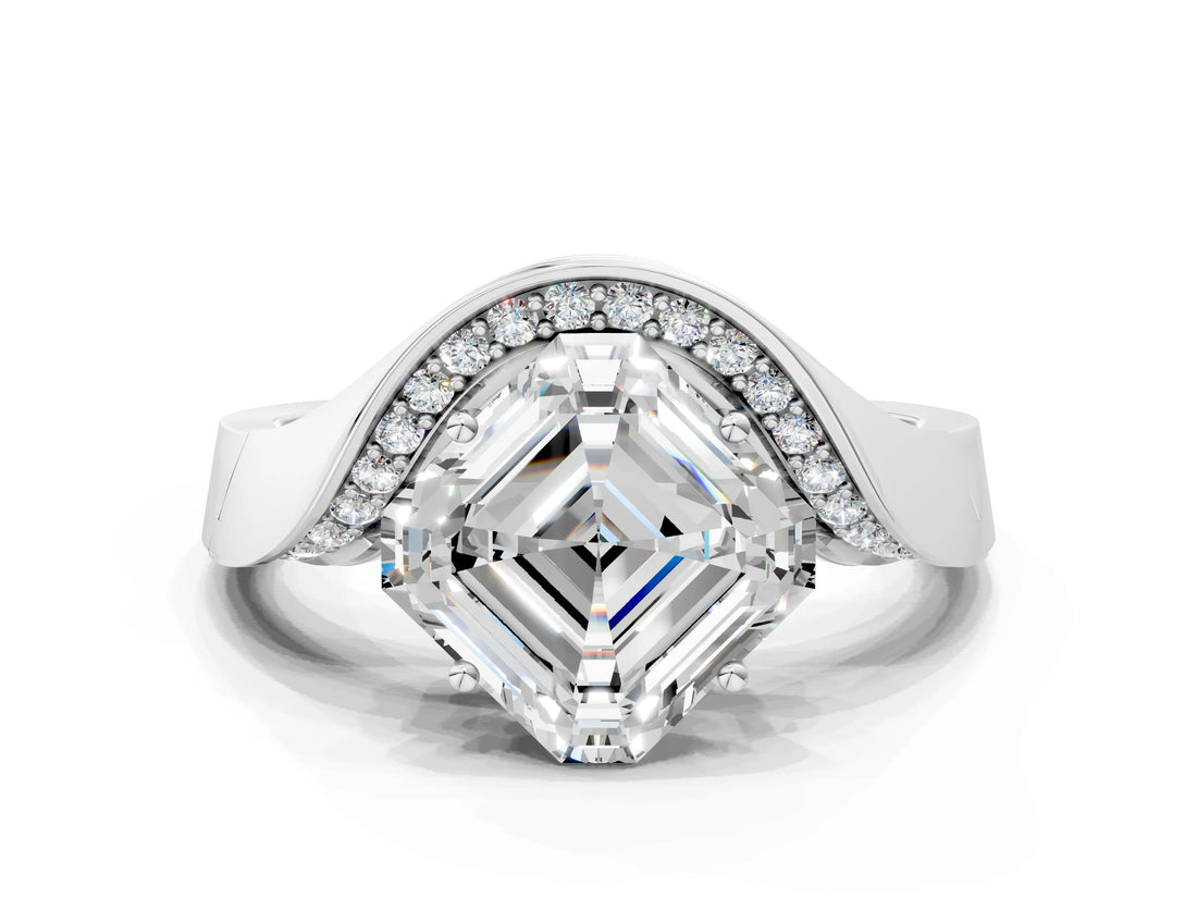 Platinum Asscher Solitaire Diamond Engagement Ring with Pave Band and Four-Prong Setting 1