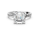 Platinum Asscher Solitaire Diamond Engagement Ring with XO Engraved Band and Four-Prong Setting 1