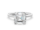 Platinum Asscher Solitaire Diamond Ring with a Classic Band and Four-Prong Setting