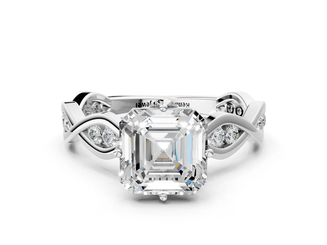 Platinum Asscher Solitaire Twist Band with Leaf Prong Setting