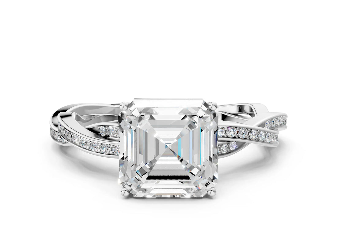 Platinum Asscher Solitaire Twisted Pave Diamond Ring with Four-Prong Setting