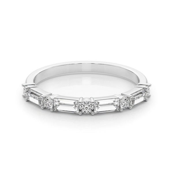 Platinum Baguette and Round Diamond Bar Setting Half Eternity Band with Prong Setting