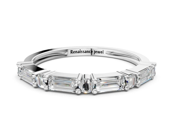 Platinum Baguette and Round Diamond Bar Setting Half Eternity Band with Prong Setting