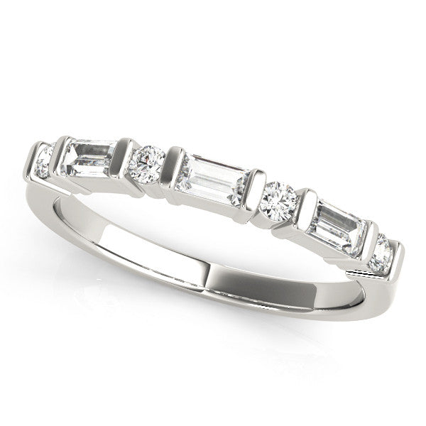 14K White Gold Baguette and Round Diamond Channel Set Half Eternity Band with Bar Prong Setting