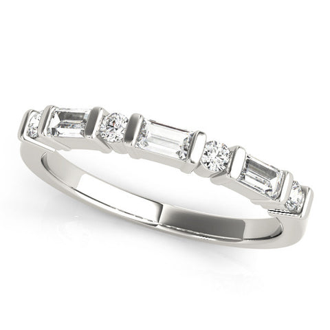 Platinum Baguette and Round Diamond Channel Set Half Eternity Band with Bar Prong Setting