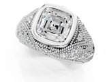Platinum Bezel Set Asscher Cut Diamond Milgrain Band Ring_14