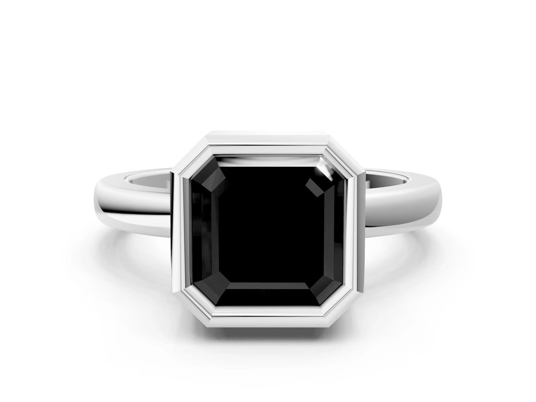 Platinum Bezel Set Fancy Black Asscher Cut Solitaire Engagement Ring with Classic Band_6