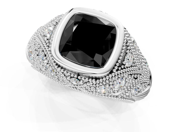 Platinum Cushion Cut Vintage Bezel Engagement Ring Setting for Black Center with Milgrain