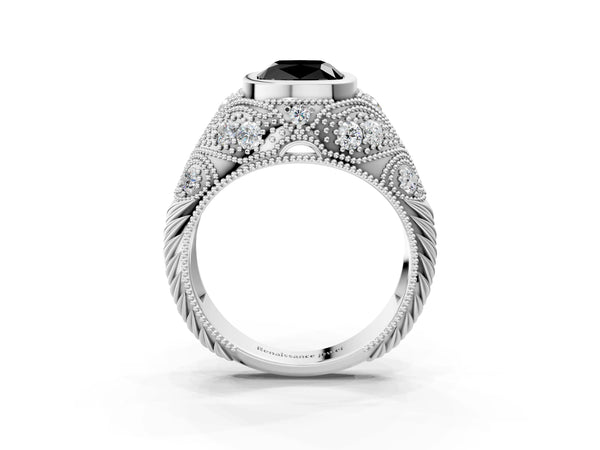 Platinum Cushion Cut Vintage Bezel Engagement Ring Setting for Black Center with Milgrain
