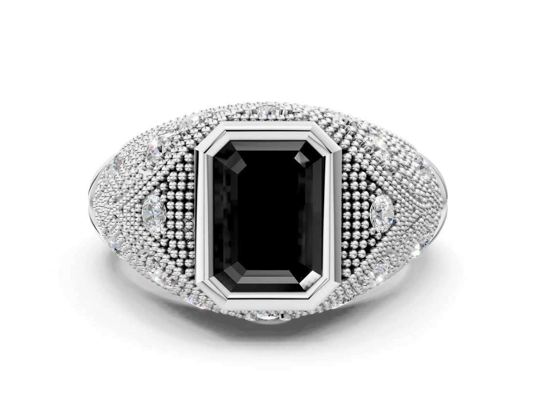 Platinum Bezel Set Fancy Black Emerald Cut Diamond Milgrain Band Ring_12