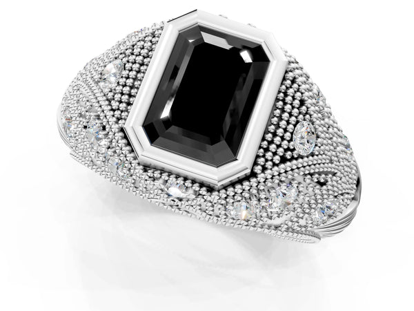 Platinum Emerald Cut Vintage Bezel Engagement Ring Setting for Black Center with Milgrain