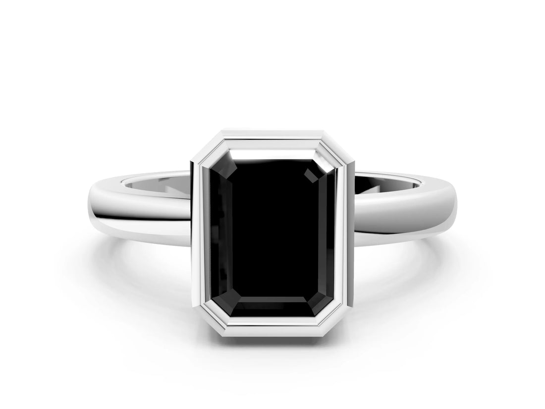 Platinum Bezel Set Fancy Black Emerald Cut Solitaire Engagement Ring with Classic Band_6