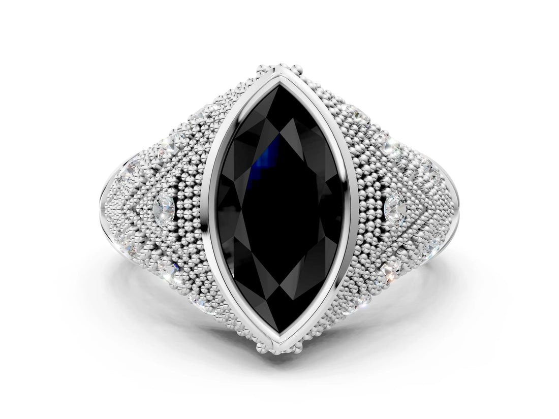 Platinum Bezel Set Fancy Black Marquise Cut Diamond Milgrain Band Ring_12