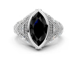 Platinum Bezel Set Fancy Black Marquise Cut Diamond Milgrain Band Ring_12