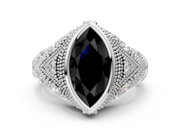 Platinum Marquise Vintage Bezel Engagement Ring Setting for Black Center with Milgrain