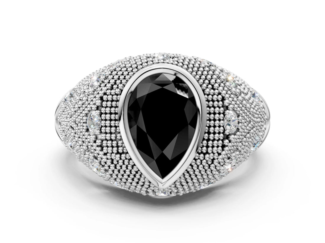 Platinum Bezel Set Fancy Black Pear Cut Diamond Milgrain Band Ring_12