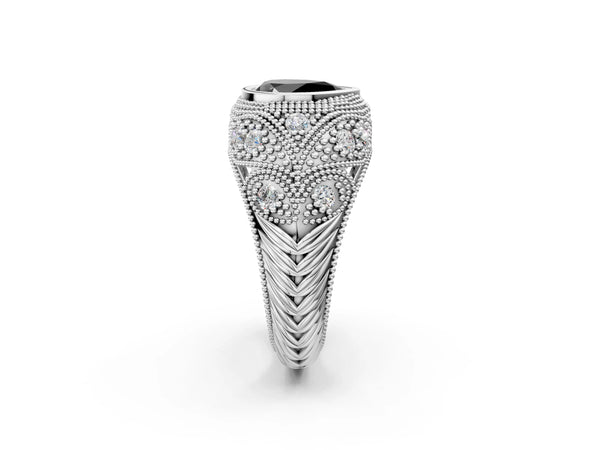 Platinum Pear-Shaped Vintage Bezel Engagement Ring Setting for Black Center with Milgrain