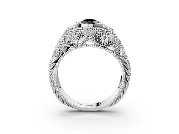 Platinum Pear-Shaped Vintage Bezel Engagement Ring Setting for Black Center with Milgrain