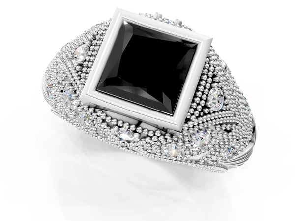 Platinum Princess Cut Vintage Bezel Engagement Ring Setting for Black Center with Milgrain