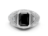 Platinum Bezel Set Fancy Black Radiant Cut Diamond Milgrain Band Ring_12