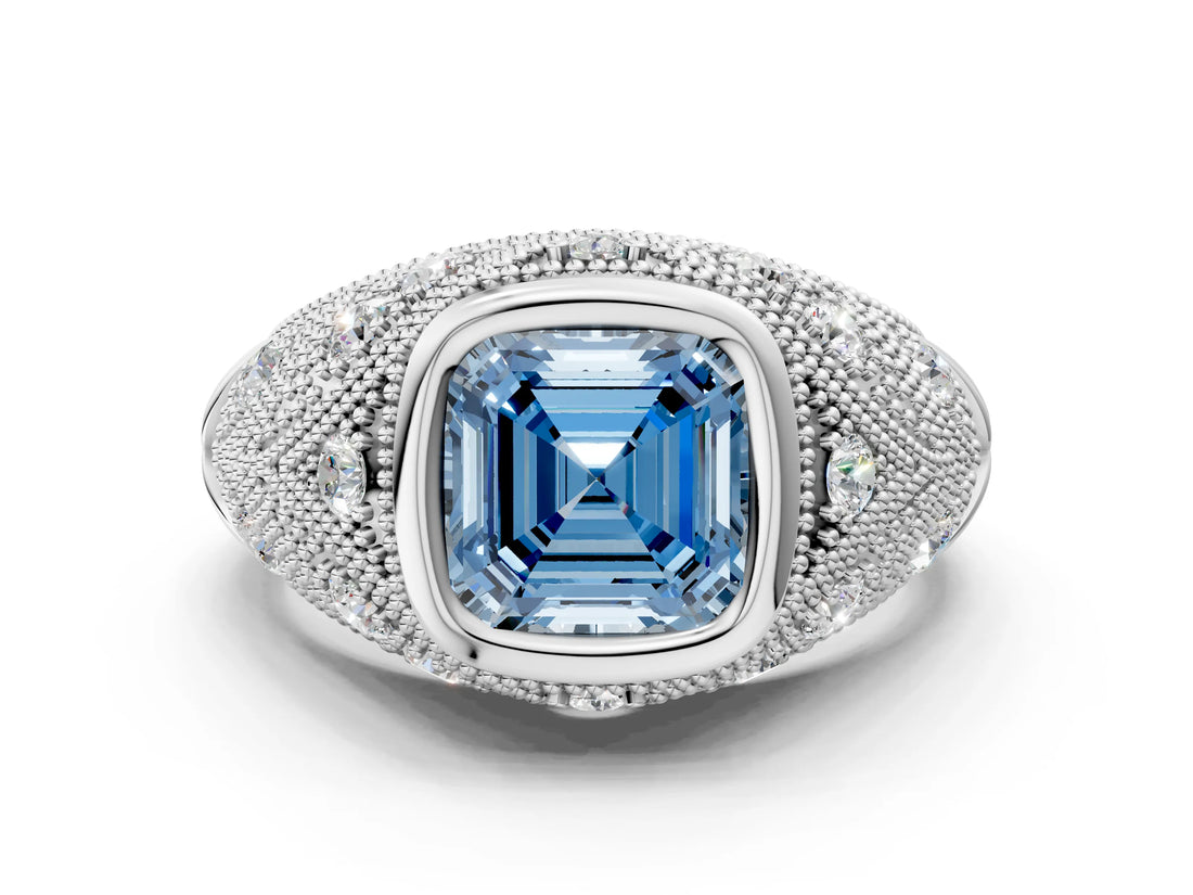 Platinum Bezel Set Fancy Blue Asscher Cut Diamond Milgrain Band Ring_6