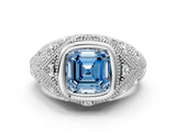 Platinum Bezel Set Fancy Blue Asscher Cut Diamond Milgrain Band Ring_6