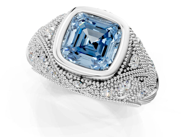 Platinum Bezel Set Fancy Blue Asscher Cut Diamond Milgrain Band Ring