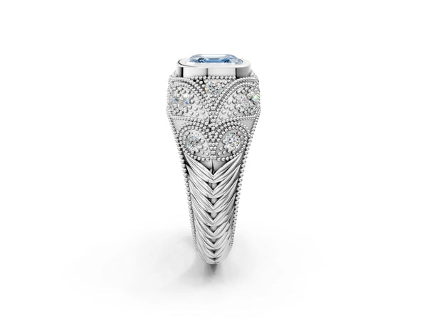 Platinum Bezel Set Fancy Blue Asscher Cut Diamond Milgrain Band Ring