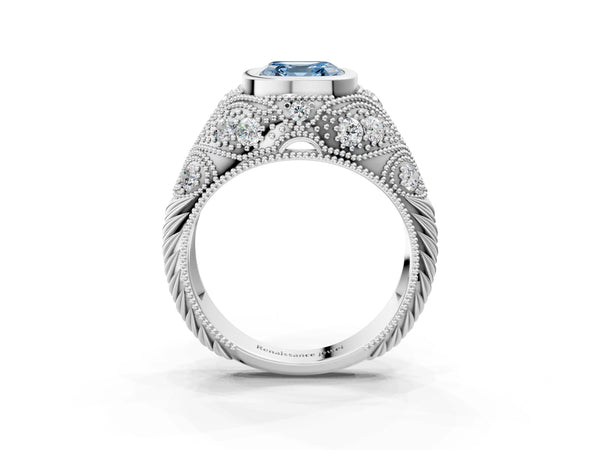 Platinum Bezel Set Fancy Blue Asscher Cut Diamond Milgrain Band Ring