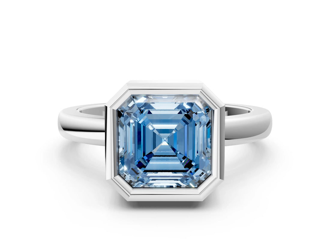 Platinum Bezel Set Fancy Blue Asscher Cut Solitaire Engagement Ring with Classic Band_6