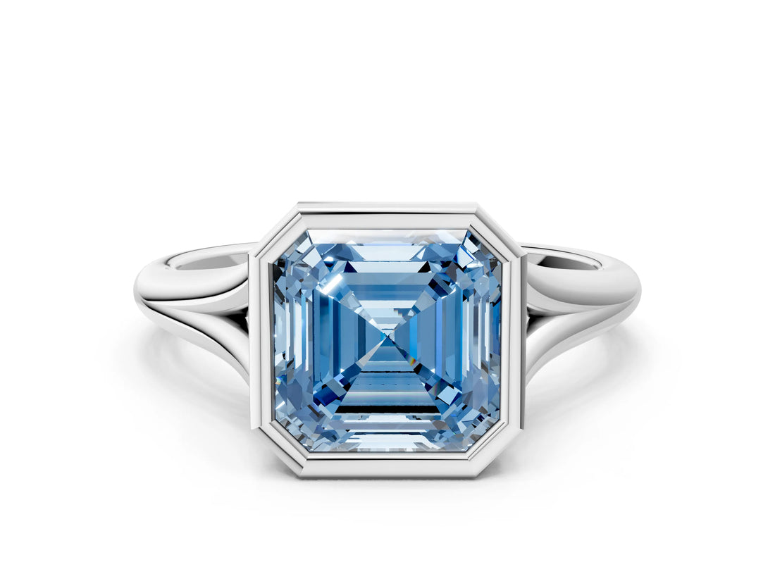 Platinum Bezel Set Fancy Blue Asscher  Cut Solitaire Ring with Tapered Band 1