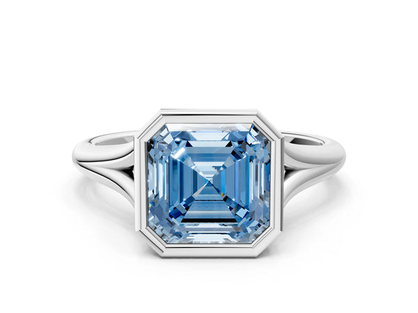 Platinum Asscher Cut Bezel Engagement Ring Setting for Fancy Blue Center