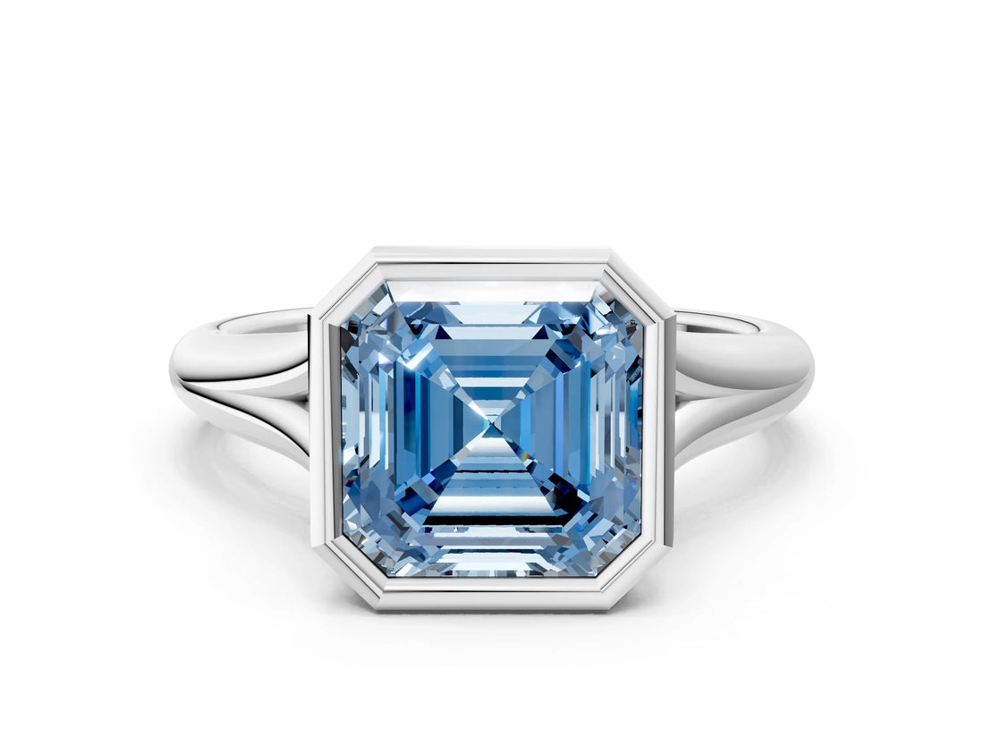 Platinum Bezel Set Fancy Blue Asscher  Solitaire Diamond Ring with Smooth Band