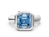 Platinum Bezel Set Fancy Blue Asscher  Solitaire Ring with Wide Band