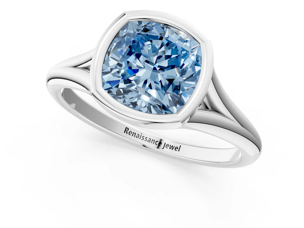 Platinum Bezel Set Fancy Blue Cushion  Cut Solitaire Ring with Tapered Band