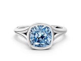 Platinum Bezel Set Fancy Blue Cushion  Cut Solitaire Ring with Tapered Band