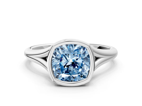 Platinum Bezel Set Fancy Blue Cushion  Cut Solitaire Ring with Tapered Band