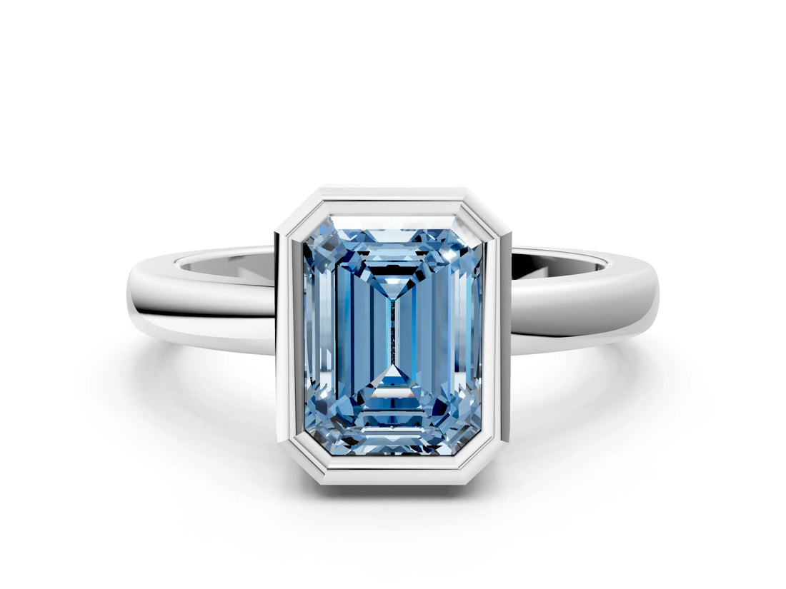 Platinum Bezel Set Fancy Blue Emerald Cut Solitaire Engagement Ring with Classic Band_6