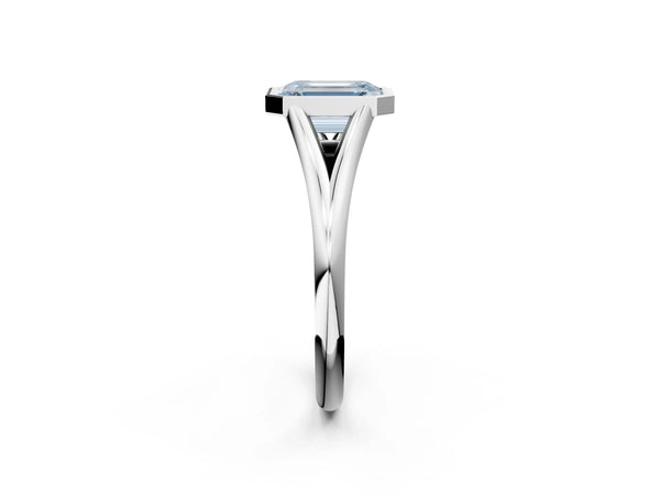 Platinum Bezel Set Fancy Blue Emerald  Cut Solitaire Ring with Tapered Band