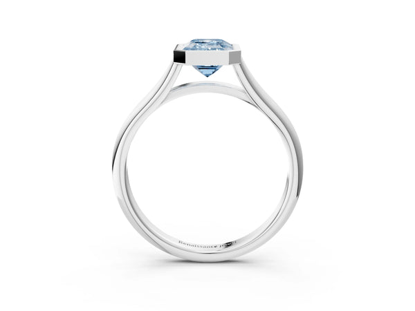 Platinum Bezel Set Fancy Blue Emerald  Cut Solitaire Ring with Tapered Band