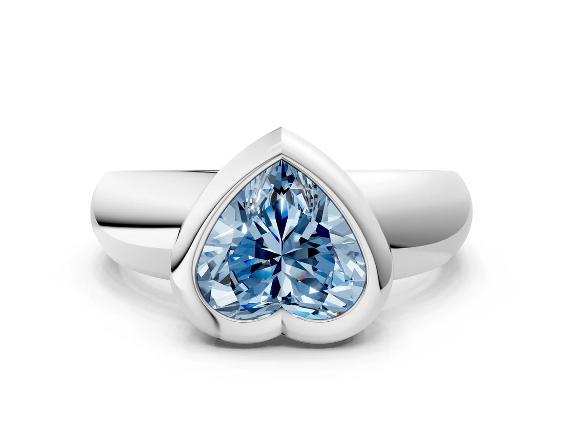 Platinum Bezel Set Fancy Blue Heart  Solitaire Ring with Wide Band