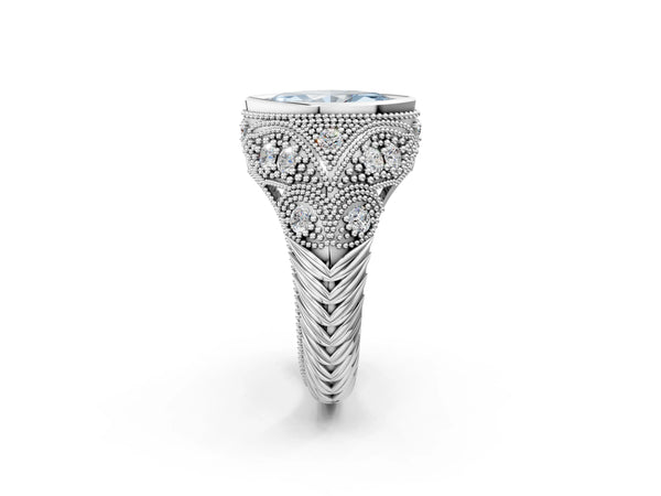 Platinum Bezel Set Fancy Blue Marquise Cut Diamond Milgrain Band Ring
