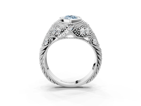 Platinum Bezel Set Fancy Blue Marquise Cut Diamond Milgrain Band Ring