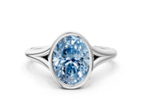 Platinum Bezel Set Fancy Blue Oval  Cut Solitaire Ring with Tapered Band