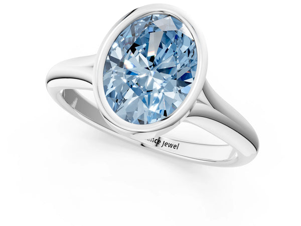 Platinum Bezel Set Fancy Blue Oval  Solitaire Diamond Ring with Smooth Band