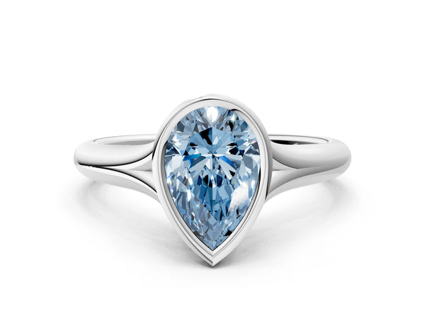 Platinum Bezel Set Fancy Blue Pear  Solitaire Diamond Ring with Smooth Band