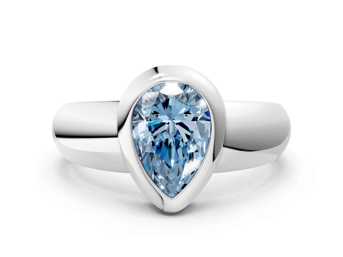 Platinum Bezel Set Fancy Blue Pear  Solitaire Ring with Wide Band 1