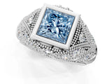 Platinum Bezel Set Fancy Blue Princess Cut Diamond Milgrain Band Ring_7